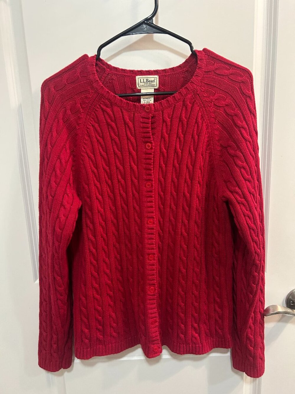 L.L. Bean Red Cable Knit Large Cotton Sweater Vintage Button Front Cottagecore